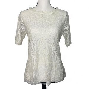 Anthropologie White Lace Short Sleeve Scalloped Hem Cotton Blend Top Size Small